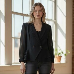 Vintage Reina Black Peplum Blazer Sheer Sleeve 90s Power Jacket